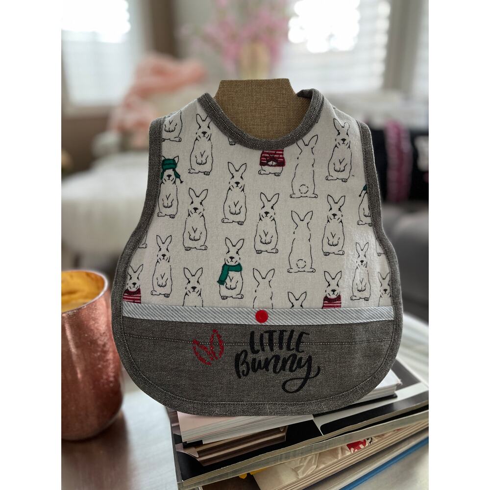 NEW Upcycled Baby Apron 6-12 mos: Flannel Bunny Bib Front Pocket, Reversible!